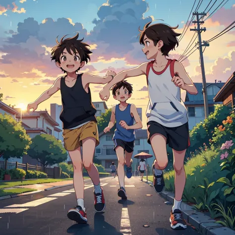 two teenage boys, best friends, running together in the rain, one boy with brown hair wearing sleeveless hoodie and shorts, anot...