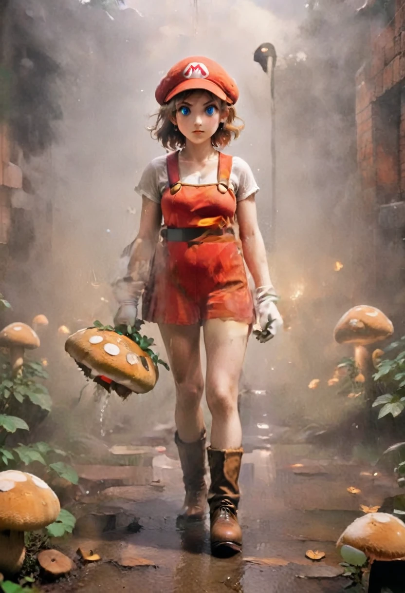 an oil painting, that Mario shows, who holds a mushroom in the Mushroom Kingdom, Heavenly Aura, , Deity, SMB Artstyle, ​masterpiece, Ethereal, holy  