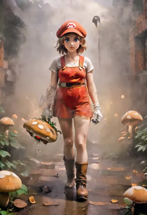 an oil painting, that mario shows, who holds a mushroom in the mushroom kingdom, heavenly aura, , deity, smb artstyle, ​masterpi...