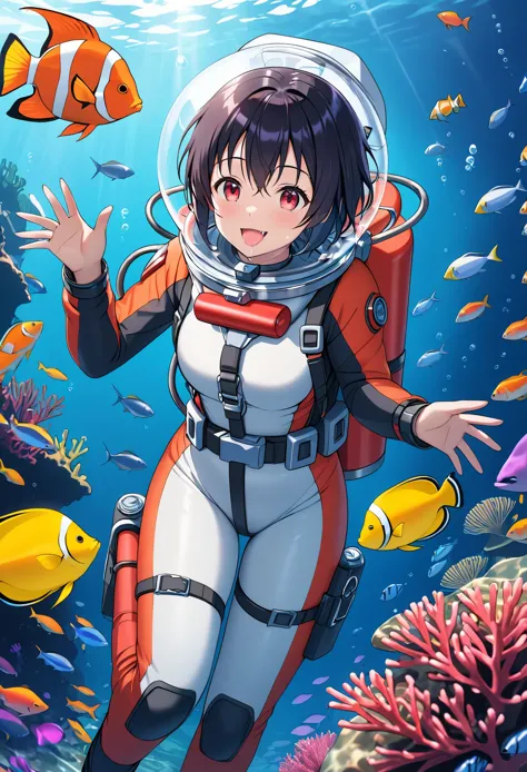 black hair, red eyes, eva helm, bubble helmet, space helmet tongue out, drooling,1girl, short hair, solo, looking at viewer, rea...