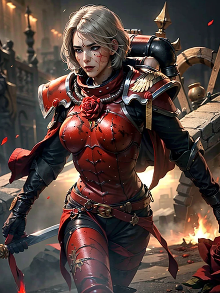 (1girl :1.3),portrait, Christina Chong beautiful face, narrowed eyes. smirk. black braided hair with narrowed eyes,, sister of battle, holding sword, dark background,(red blood rose armor:1.5), (hdr:1.4), high contrast, (cinematic:0.85), (muted colors, dim colors, soothing tones:1.3), low saturation, smoke,shining sword,cluster amaryllis,wind,dragon loong spirit behind,perfect anatomy, centered, approaching perfection, (athletic female), detailed face, short hair, white hair, bangs, feminine, nice breasts, beautiful detailed girl, extremely detailed fingers, cute, young, mature face, realistic face, realistic body,armour, adepta sororitas
