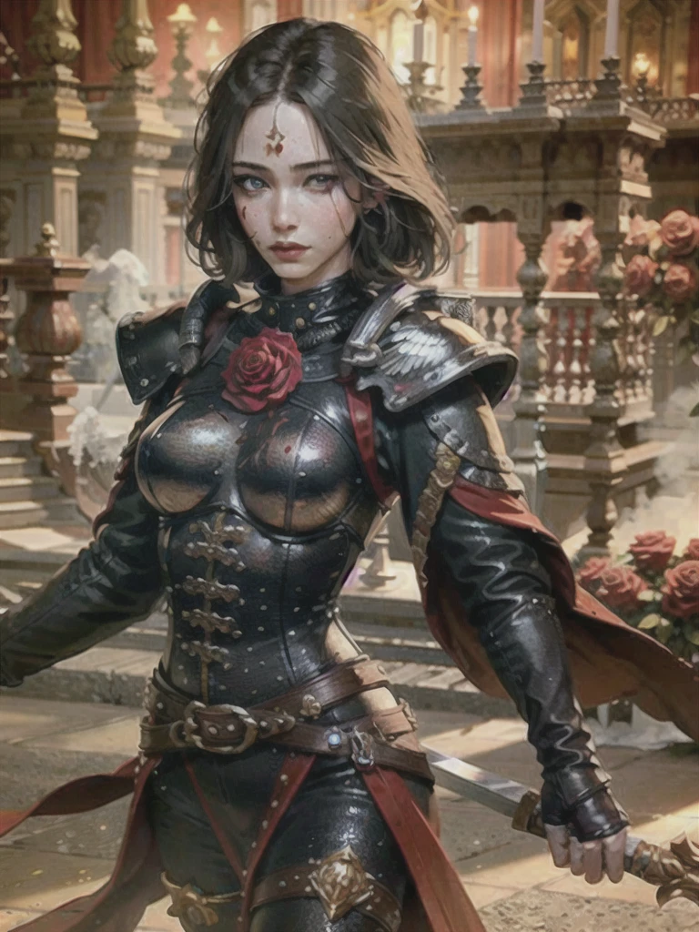 (1girl :1.3),portrait, Christina Chong beautiful face, narrowed eyes. smirk. black braided hair with narrowed eyes,, sister of battle, holding sword, dark background,(red blood rose armor:1.5), (hdr:1.4), high contrast, (cinematic:0.85), (muted colors, dim colors, soothing tones:1.3), low saturation, smoke,shining sword,cluster amaryllis,wind,dragon loong spirit behind,perfect anatomy, centered, approaching perfection, (athletic female), detailed face, short hair, white hair, bangs, feminine, nice breasts, beautiful detailed girl, extremely detailed fingers, cute, young, mature face, realistic face, realistic body,armour, adepta sororitas
