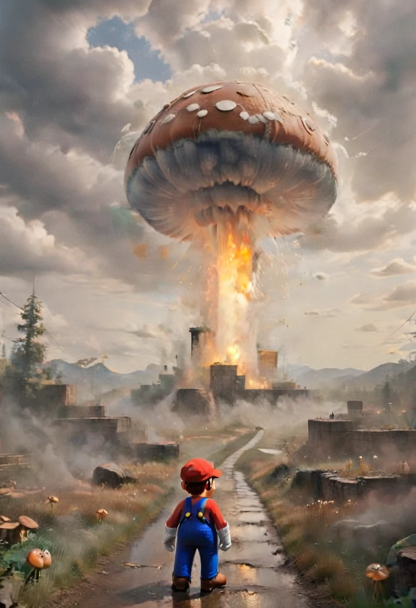 an oil painting, that Mario shows, who holds a mushroom in the Mushroom Kingdom, Heavenly Aura, , Deity, SMB Artstyle, ​masterpiece, Ethereal, holy  