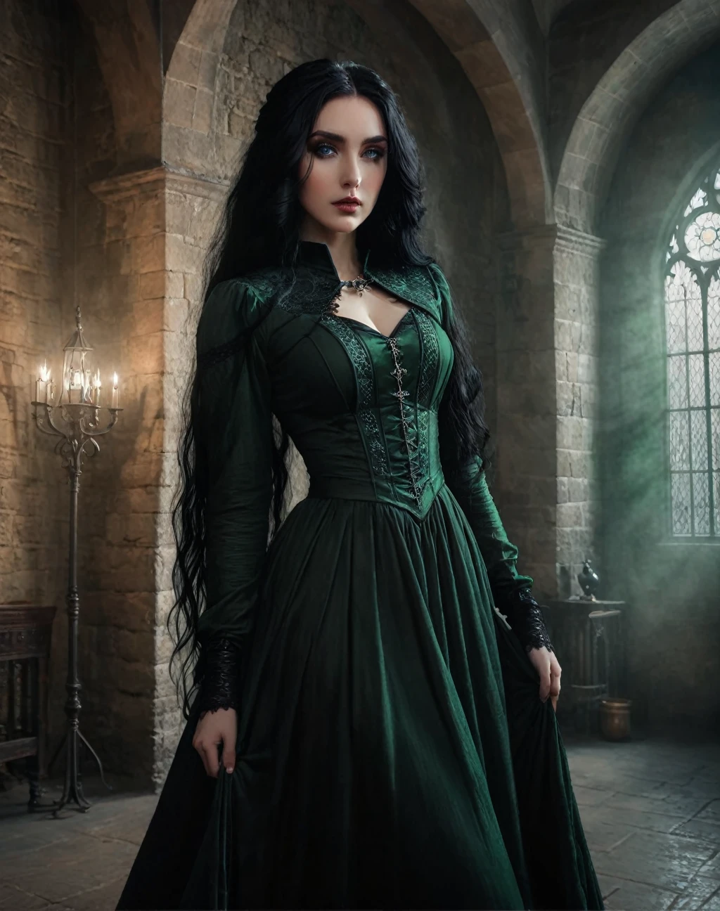 Ein schönes Mädchen, Tochter von Severus Snape, Porzellanhaut, auffallend grüne Augen, Langes wallendes schwarzes Haar, altes mittelalterliches Prinzessinnenkleid, (Hexe:1.2),(Fantasie Gotik:1.2),dunkles Schlossinnere, dramatische Beleuchtung, stimmungsvolle Atmosphäre, sehr detailliert, 8k, fotorealistisch, Meisterwerk