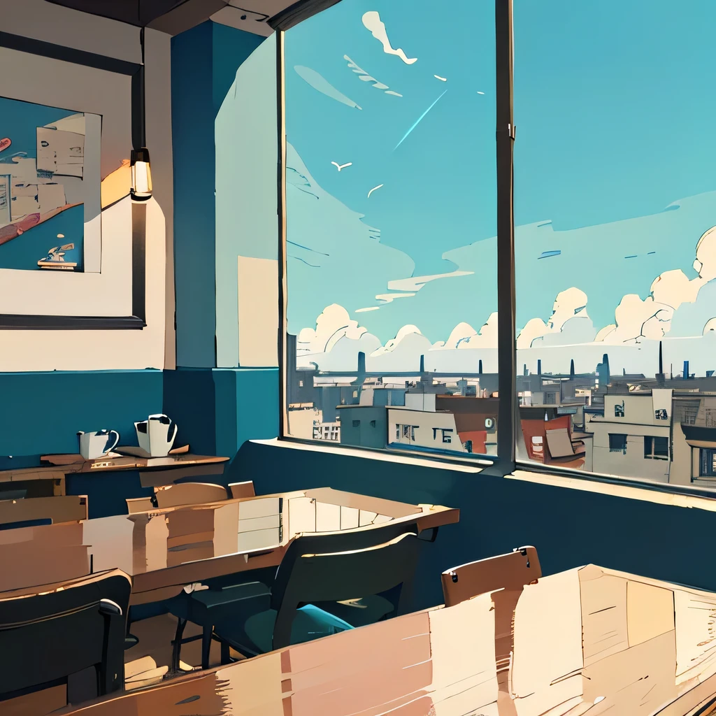 Cafés urbanos、Cielo azul fuera de la ventana