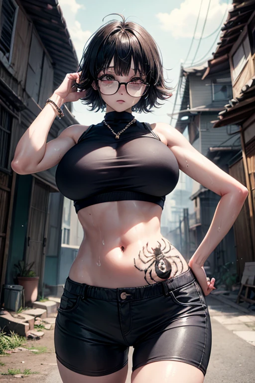 masterpiece, Highest quality,  Unreal Engine,  Super Resolution,  Very detailed, 

Beautiful woman, Spider tattoo on stomach!*, belly button, Garment Lift, Lift your shirt, Glasses, Black Hair, Rosary, Vivid expression, Healthy Body, Beautifully detailed sweat glands, Smooth skin texture, Carefully drawn, 

(humidity:1.5), Beautiful Eyes, (Attractive face:1.2), (Beautiful Skin), Tight waist, (Big Breasts), (Sticky with sweat), Dynamic pose, 

In the world of Hunter Hunter, Outdoor,  In the slums,