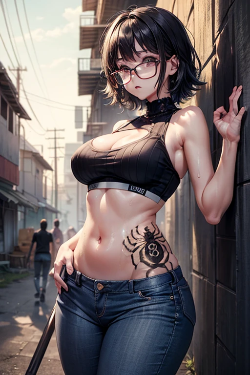 masterpiece, Highest quality,  Unreal Engine,  Super Resolution,  Very detailed, 

Beautiful woman, Spider tattoo on stomach!*, belly button, Garment Lift, Lift up your shirt, Glasses, Black Hair, Rosary, Vivid expression, Healthy Body, Beautifully detailed sweat glands, Smooth skin texture, Carefully drawn, 

(humidity:1.5), Beautiful Eyes, (Attractive face:1.2), (Beautiful Skin), Tight waist, (Big Breasts), (Sticky with sweat), Dynamic pose, 

In the world of Hunter Hunter, Outdoor,  In the slums,