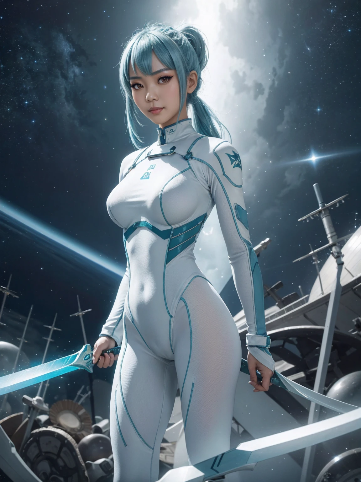 4K,hight resolution,One Asian Woman, light blue hair,poneyTail.Green eyes,Colossal ,White Cybersuit,Bodysuits, (holding Longsword), spaceship at the background in the space,Axe