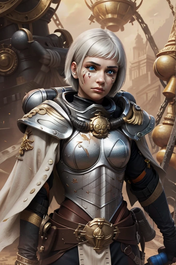 Photo of adepta sororitas, argent shroud, full armor, full metal armor, wearing intricate ornamented metal armor, stern face, bob cut, short hair, white hair,
solo, (female:1.2), epic,  platinum white armor, white pelvic curtain, bronze trimmings,  blue pupils,  facial scar, iron halo, 
((upper body:1.3)) focus, close-up, banner background,
