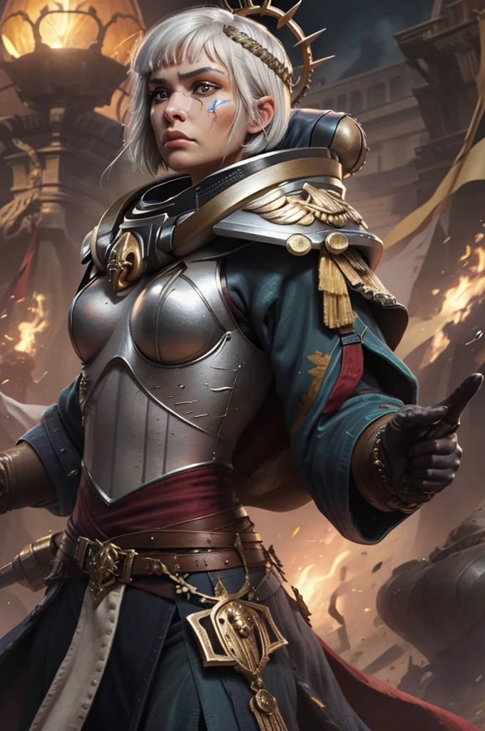 Photo of adepta sororitas, argent shroud, full armor, full metal armor, wearing intricate ornamented metal armor, stern face, bob cut, short hair, white hair,
solo, (female:1.2), epic,  platinum white armor, white pelvic curtain, bronze trimmings,  blue pupils,  facial scar, iron halo, 
((upper body:1.3)) focus, close-up, banner background,
