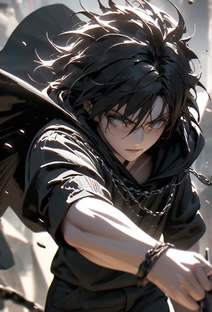 (solo), masculine, black hair, messy hair, mane hair, very short hair, dense hair, wild hair, expressive hair, mature,(25 year old), pale skin, grey eyes, ((man)), teacher, wearing black shirt, rolled up sleeves, black long pants, One shoulder has shoulder armor, black cape covering one arm, detailed eyes, dark, hood, the background is space in china. Silver chains everywhere, attractive, eye reflection, depth of field, thunder aura, cinematic lighting, ray tracing, depth of field, cinematic lighting, ray tracing, UHD, high details, best quality, highres, high quality, award winning, super detail, masterpiece, 8k, UHD, high details, best quality, highres, high quality, award winning, super detail, masterpiece, 8k, digital art, anime coloring, full body, body shot, good face, perfect face, detailed face, good eyes, in a fighting position, holding a sword.