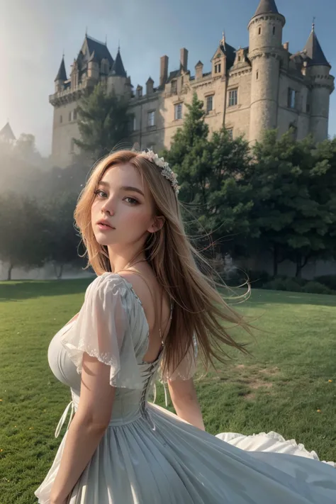 Lady in flowy renaissance dress, blowing in the wind in front of an old castle, fog and mist, sexy, big breasts, close up