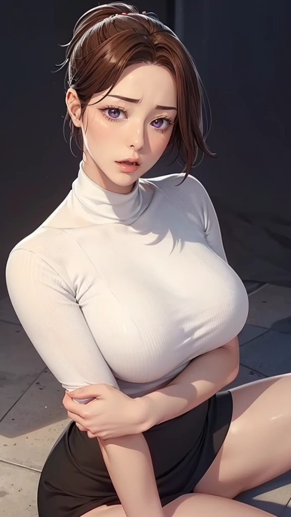 （（（Perfect figure，figure，独奏， White and tender skin，（（（cyberpunk，red turtleneck shirt, black skirt, ））），（（（junescdef,brown hair,purple eyes,medium hair，））），((masterpiece)),high resolution, ((Best quality at best))，masterpiece，quality，Best quality，（（（ Exquisite facial features，Looking at the audience,There is light in the eyes，(（（lol，Happy，））），））），（（（Light and shadow，Huge breasts））），（（（Looking at the camera，black background，Lying on the ground，Overlooking)）））