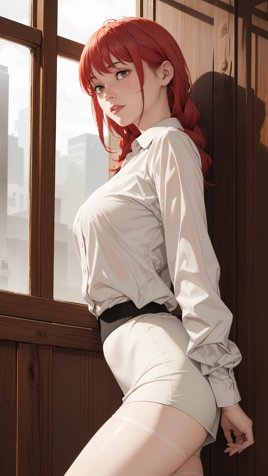 ((masterpiece, Best Quality, high resolution, Perfect Pixel, 8K)), 1 girl、sensual thighs、 (Red gorgeous hair)、Beautiful eyelashes、Detailed face、Smooth texture, Realistic texture, Photorealistic, Anime CG style、(Wearing White Shirt、pencil skirt、Indigo Pantyhose、standing、Sexy legs、Wooden Background) view from behind、medium breasts、High quality、ultra high definition、 detailed face、ultra high clarity、curvacious body、best image quality、ultra high resolution、seductive、dynamic lightning、((medium shot)). 