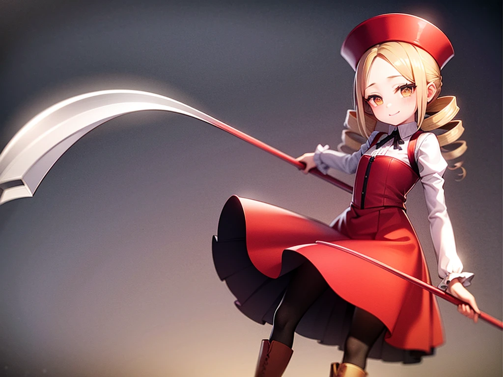 a drawing of an anime character in a red dress and boots with a large scythe, ((high end)), (UHD picture), (best quality,4k,8k,highres,masterpiece:1.2), top-quality(​masterpiece), top-quality, ultra-detailed, highly detailed texture, intricate details, high quality textures, masterpiece, best quality, perfect quality, perfect anatomy, perfect body, perfect symmetrical face, 1 beautiful girl, 1 girl, alone, solo, 10 years old, (((loli))), ((childish)), hat, white hat, blonde hair, long hair, parted bangs, drill hair, well-formed face, yellow eyes, maxi dress, red dress, dress, long sleeves, frills, long skirt, simple background, scythe, holding scythe, holding, white socks, smile, cute face, beautiful, holding scythe