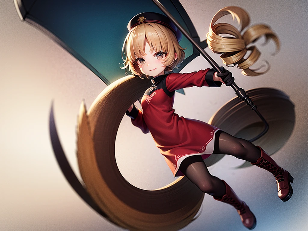 a drawing of an anime character in a red dress and boots with a large scythe, ((high end)), (UHD picture), (best quality,4k,8k,highres,masterpiece:1.2), top-quality(​masterpiece), top-quality, ultra-detailed, highly detailed texture, intricate details, high quality textures, masterpiece, best quality, perfect quality, perfect anatomy, perfect body, perfect symmetrical face, 1 beautiful girl, 1 girl, alone, solo, 10 years old, (((loli))), ((childish)), hat, white hat, blonde hair, long hair, parted bangs, drill hair, well-formed face, yellow eyes, maxi dress, red dress, dress, long sleeves, frills, long skirt, simple background, scythe, holding scythe, holding, white socks, smile, cute face, beautiful, holding scythe