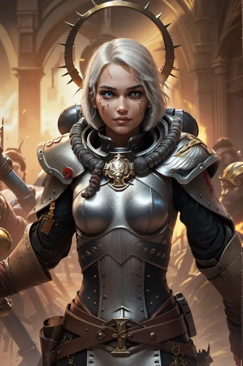 Photo of adepta sororitas, argent shroud, full armor, full metal armor, Christina Chong beautiful face, narrowed eyes. smirk. bl...