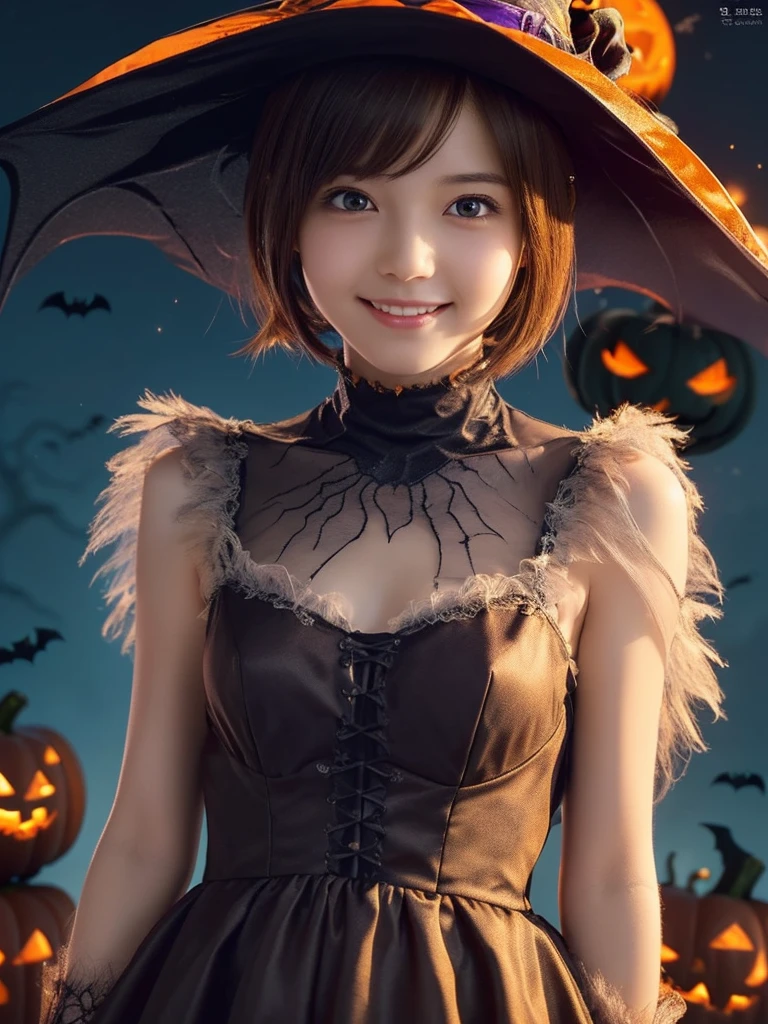 ((from below,upper body),A 25 years old girl, detailed cutie face, beautiful detailed eyes, detailed dropped eyes, left and right eyes are equal,beautiful charming big smile, extremely detailed face,slender body,short hair,anime style, (halloween costume):2.0), Highres fix,colorful lights, pumpkin decorations, haunted house, best quality, 4k, highres, masterpiece, realistic, photorealistic, photo-realistic, vivid colors, intricate details, fantasy, soft lighting, magical