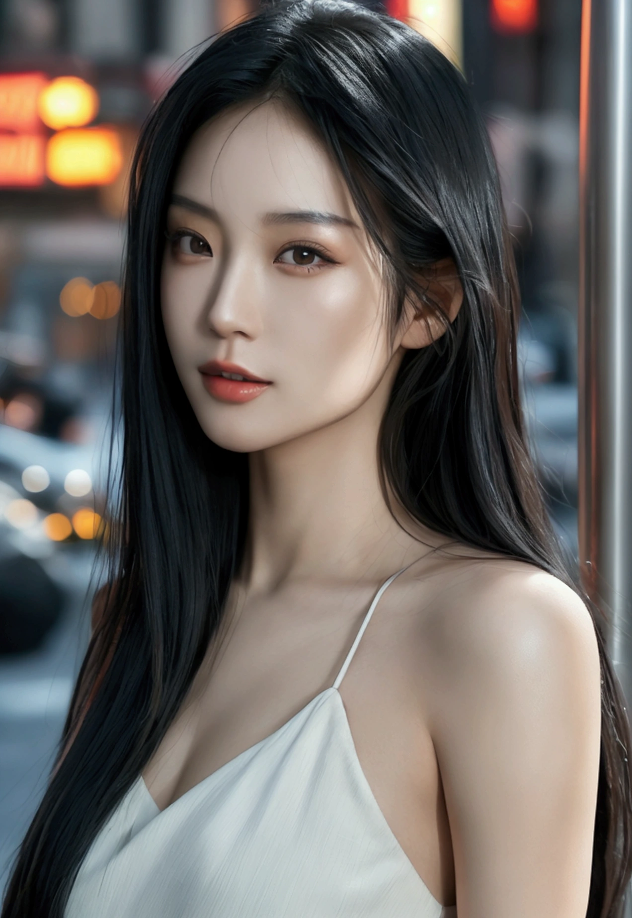 a real sexy asian woman with long black hair, beautiful detailed eyes, beautiful detailed lips, extremely detailed face and skin, inside new york city street, 8k, high quality, cinematic lighting, photorealistic, masterpiece, professional photography, ultra detailed, body view and camera view up