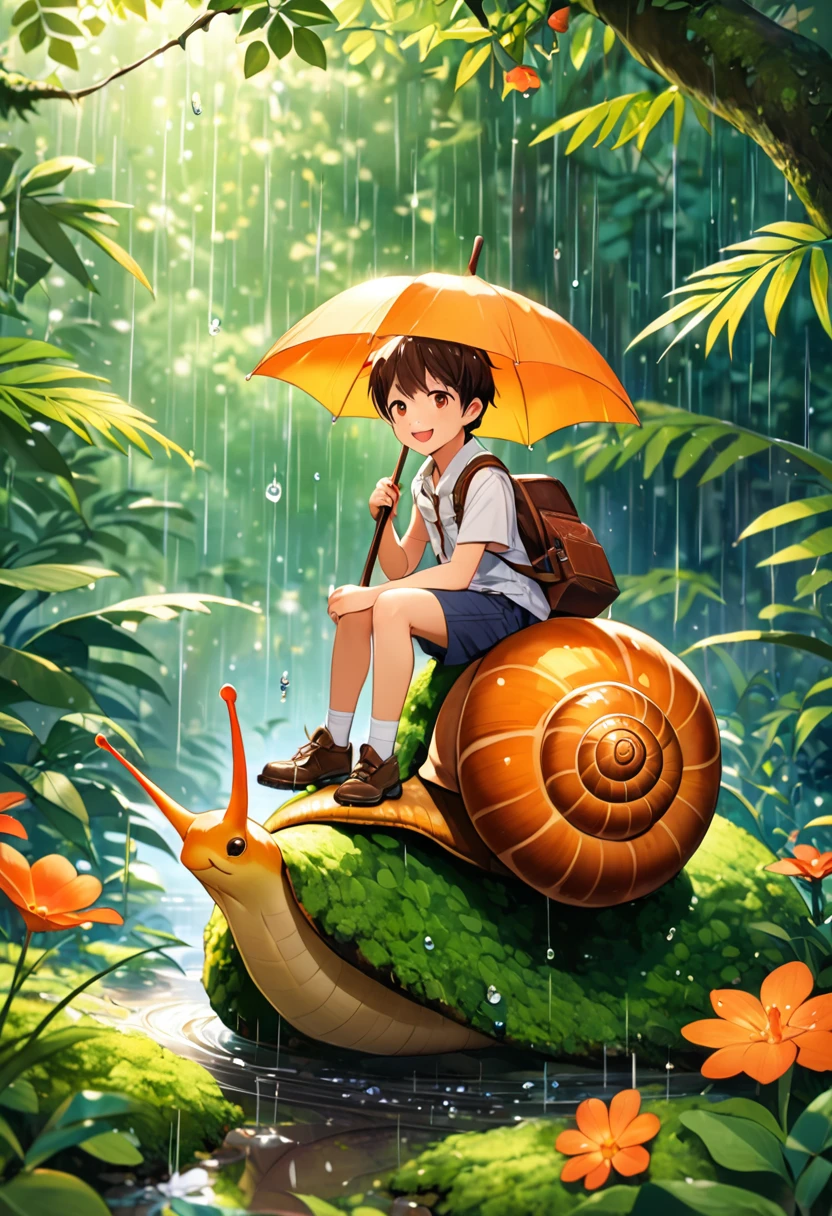 8k，One is short in stature，Little boy with gentle smile riding a snail，Sitting happily in the rain，Sitting on a moss covered leaf，Under the leaves is a big flower，There is a hole in the flower，Rainwater will enter，Rainforest background，Small Flower，Sparkling dew and raindrops，Red in dappled sunlight，Orange sum