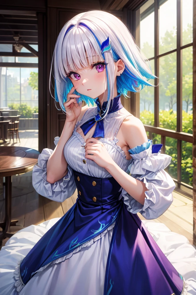 Highest quality、Masterpiece、Highest quality、High resolution、One Woman、lize helesta, blue hair, blunt bangs, colored inner hair, hair flaps, hair ornament, very short hair, multicolored hair, (purple eyes:1.1), sidelocks, two-tone hair, white hair、