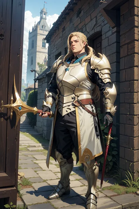 1 obese male, long blonde ponytail hair, wearing shiny knight armor, fully armored, with spear at the hand, standing guarding a ...