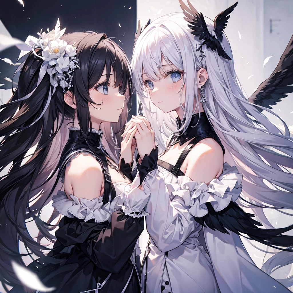 Two Women((Facing each other,Put your hands together)) background((centerparted,Black and White,1：1)) Parallel worlds,Despair and Happiness Anime Style (Archangel,White Feather) (fallen Angel,Black Feather),Contrasting