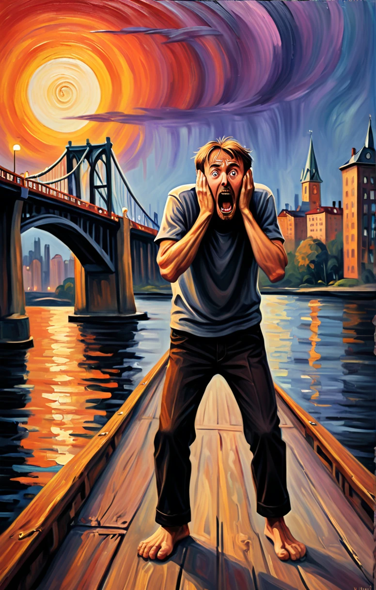 realistic painting of испуганый мужчина, (Embracing fear:1.4), full height,  Edvard Munch style, (Scream Painting:1.4), (Colorful background:1.1), bridge, city, outside, (hands touch face:0.7), Scared man, very detailed, complex parts, 4K, 8 K, I want the highest possible quality,, barefoot, sunset, scary things, Scary atmosphere, 