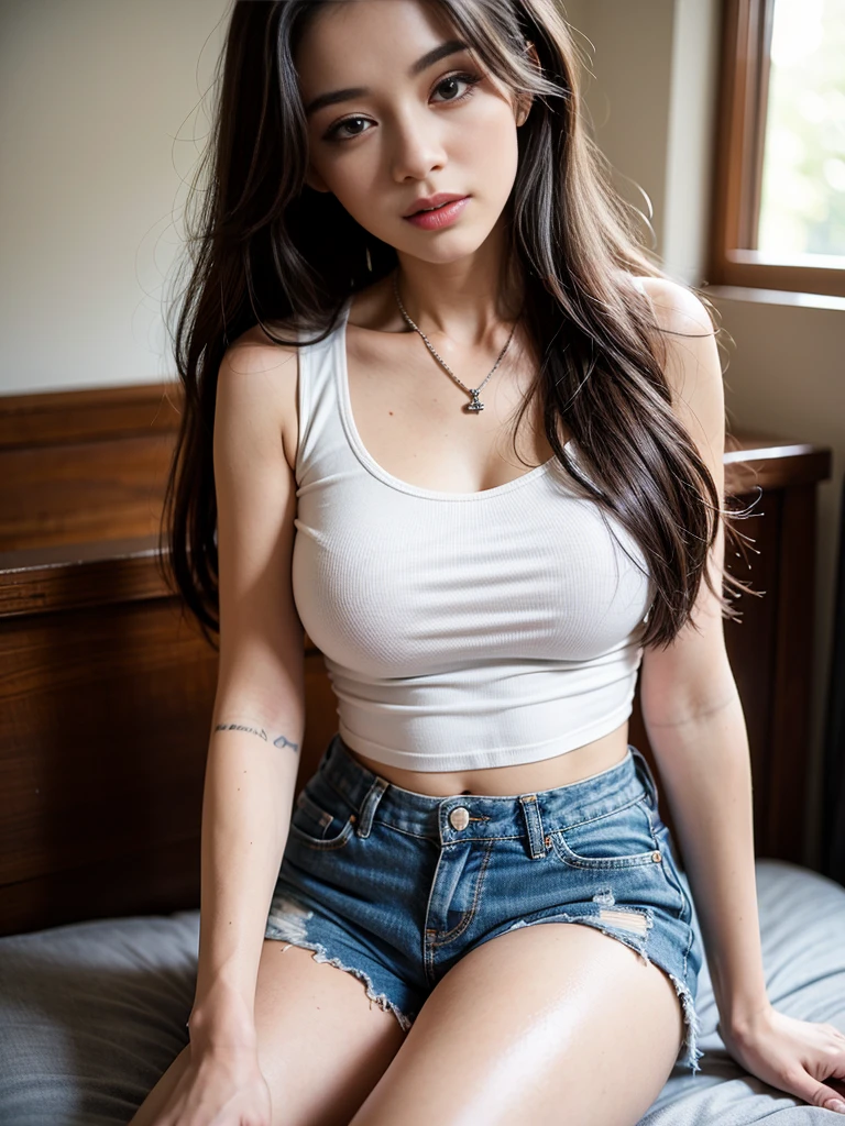 (top quality, 8k, masterpiece: 1.3), pretty woman with perfect figure: 1.4, dark brown hair, big, wearing pendant, torn shorts, in bedroom, very detailed face and skin, detailed eyes, double eyelids, duo