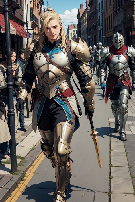 1 obese male, long blonde ponytail hair, wearing shiny knight armor, fully armored, with spear at the hand, walking in the town ...