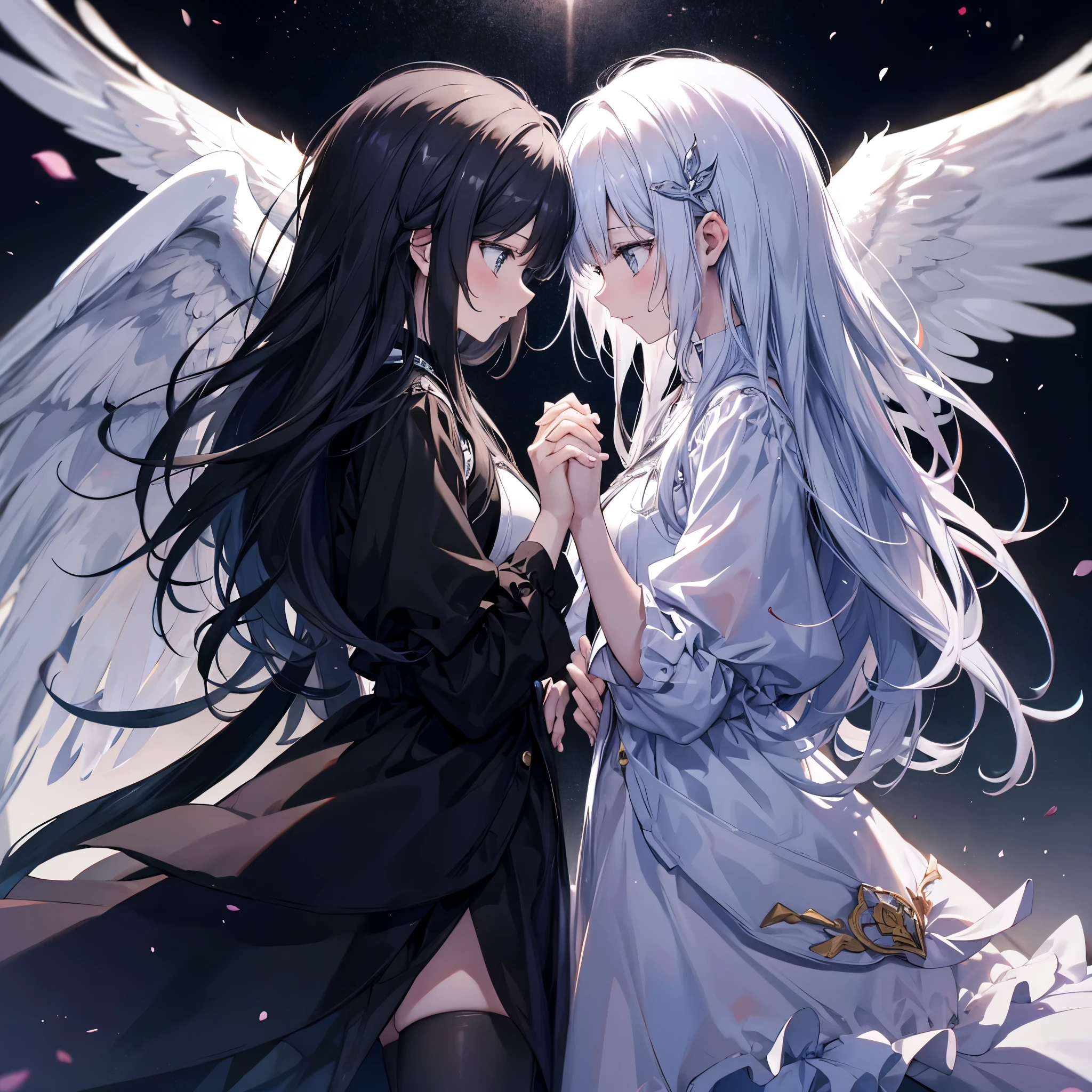 Two Women((Facing each other,Put your hands together)) background((centerparted,Black and White,1：1)) Parallel worlds,Despair and Happiness Anime Style Archangel,Fallen Angels Contrasting Each Other