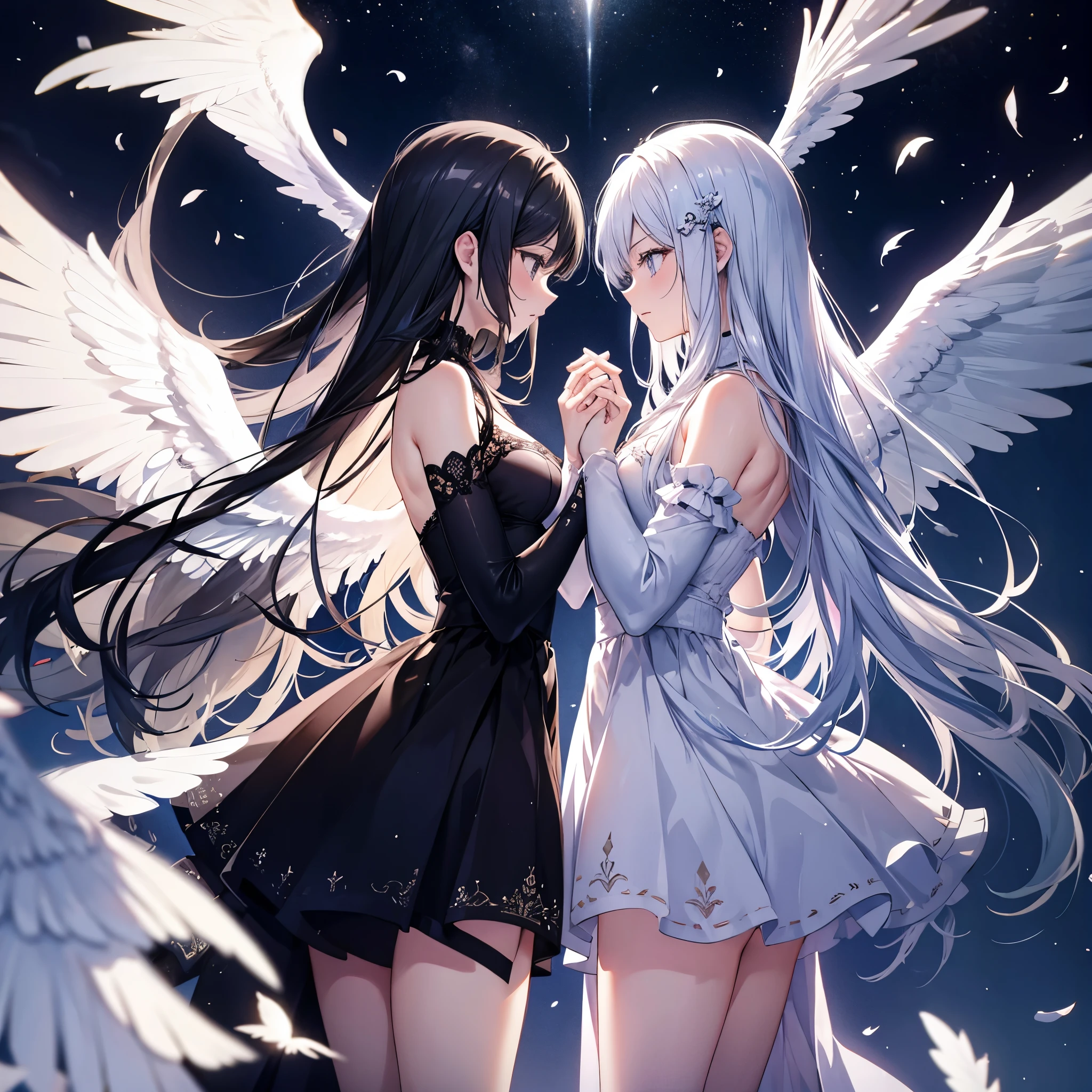 Two Women((Facing each other,Put your hands together)) background((centerparted,Black and White,1：1)) Parallel worlds,Despair and Happiness Anime Style Archangel,White Wings Fallen Angel,Black feathers contrasting with each other