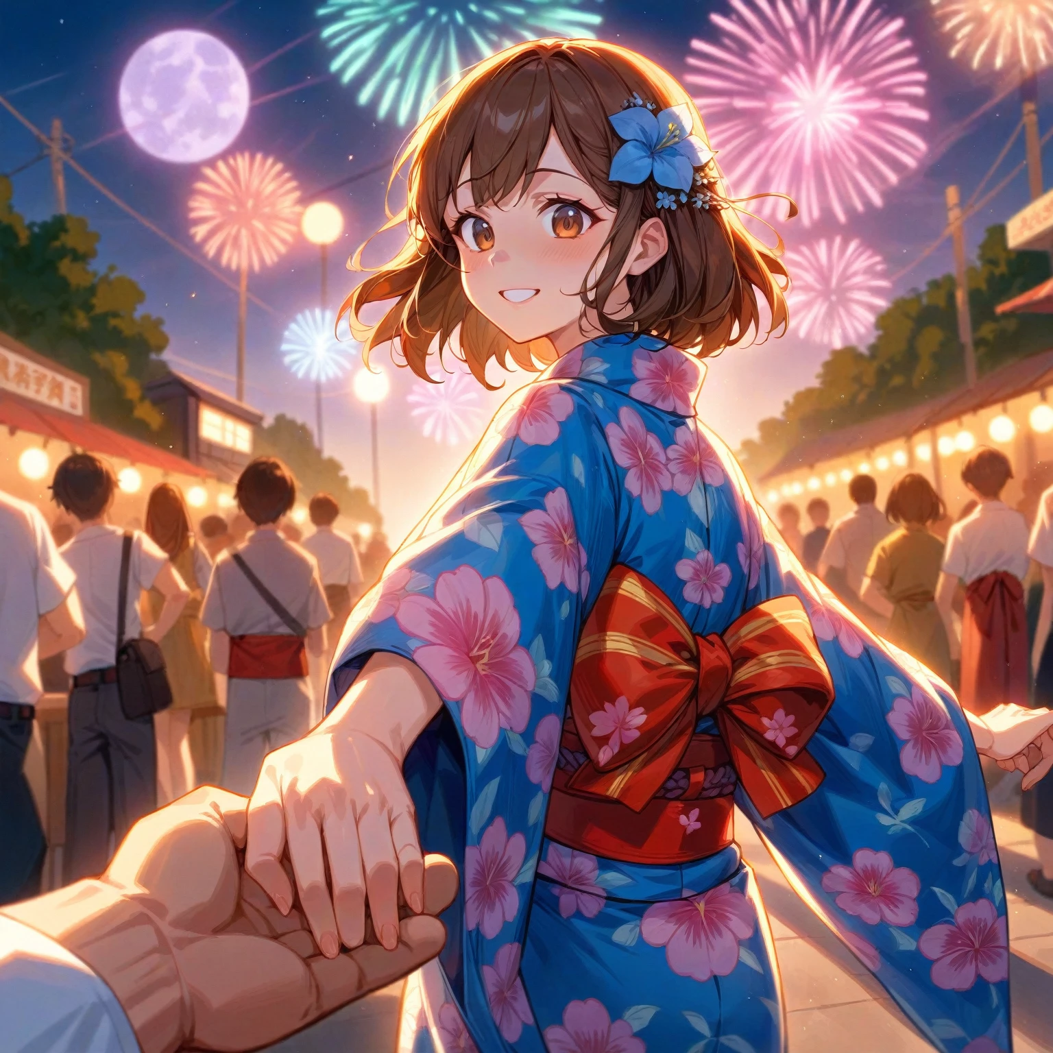 score_9, score_8_up, score_7_up, score_6_up, score_5_up, score_4_up, masterpiece, best quality BREAK 1girl、yukata、Brown Hair、Red belt、Holding out your hand, smiling, BREAK 1boy、18 yo、Take hands、BREAK Summer Festival、firework、night