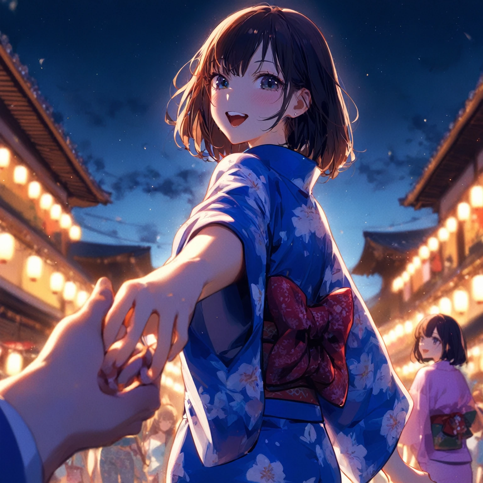 score_9, score_8_up, score_7_up, score_6_up, score_5_up, score_4_up, masterpiece, best quality BREAK 1girl、yukata、Brown Hair、Red belt、Holding out your hand, smiling, BREAK 1boy、18 yo、Take hands、BREAK Summer Festival、night