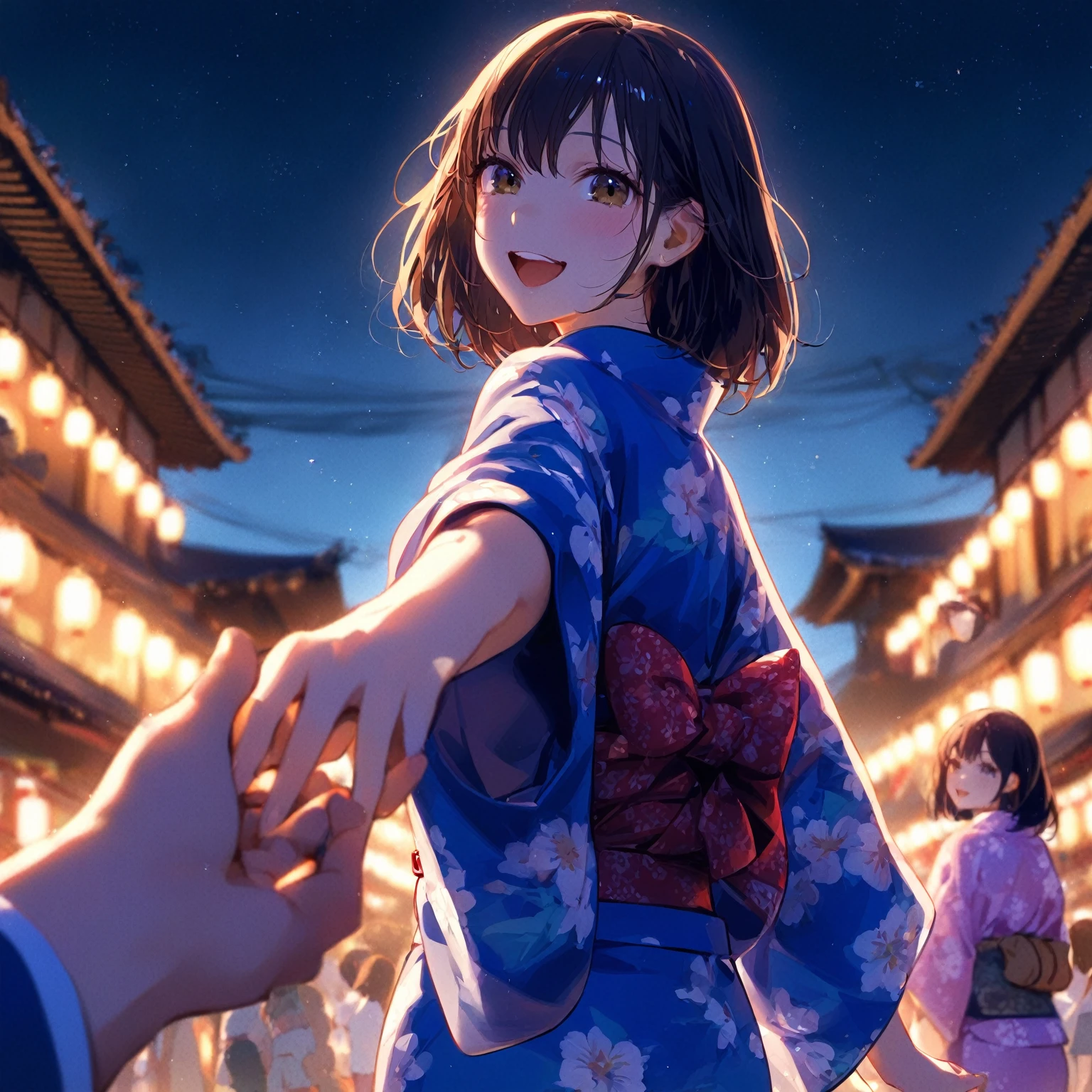 score_9, score_8_up, score_7_up, score_6_up, score_5_up, score_4_up, masterpiece, best quality BREAK 1girl、yukata、Brown Hair、Red belt、Holding out your hand, smiling, BREAK 1boy、18 yo、Take hands、BREAK Summer Festival、night