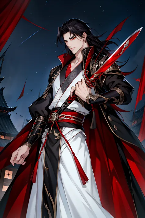 vampire man, hanfu, long sword, cabelos preto e longos, red eyes，the night，starrysky，rays of moonlight，asian architecture，best q...