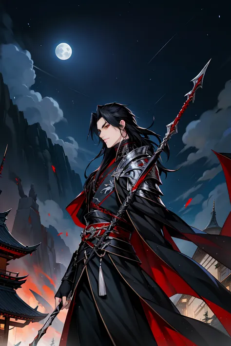 the impressive landscape of mahutori is visible in the background, vampire man, hanfu, black armor and spear handle, cabelos pre...