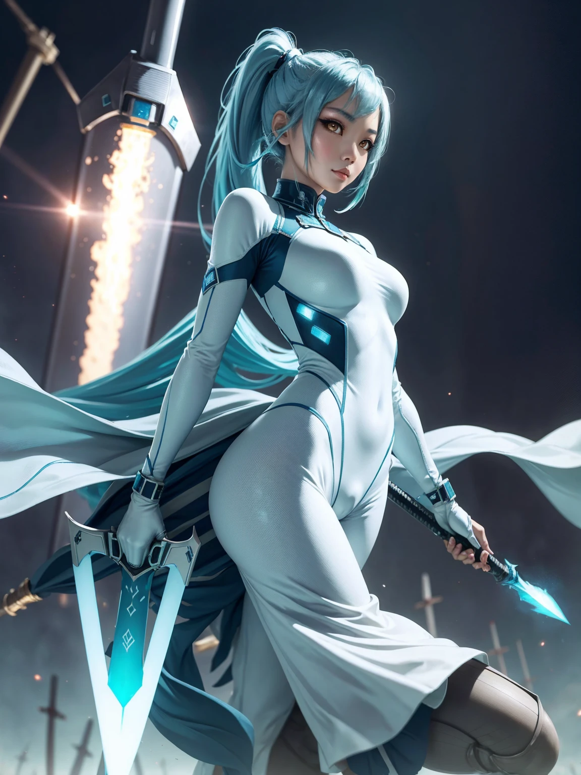 4K,hight resolution,One Asian Woman, light blue hair,poneyTail.Green eyes,Colossal ,White Cybersuit,Bodysuits, (holding Longsword), spaceship at the background in the space,Axe