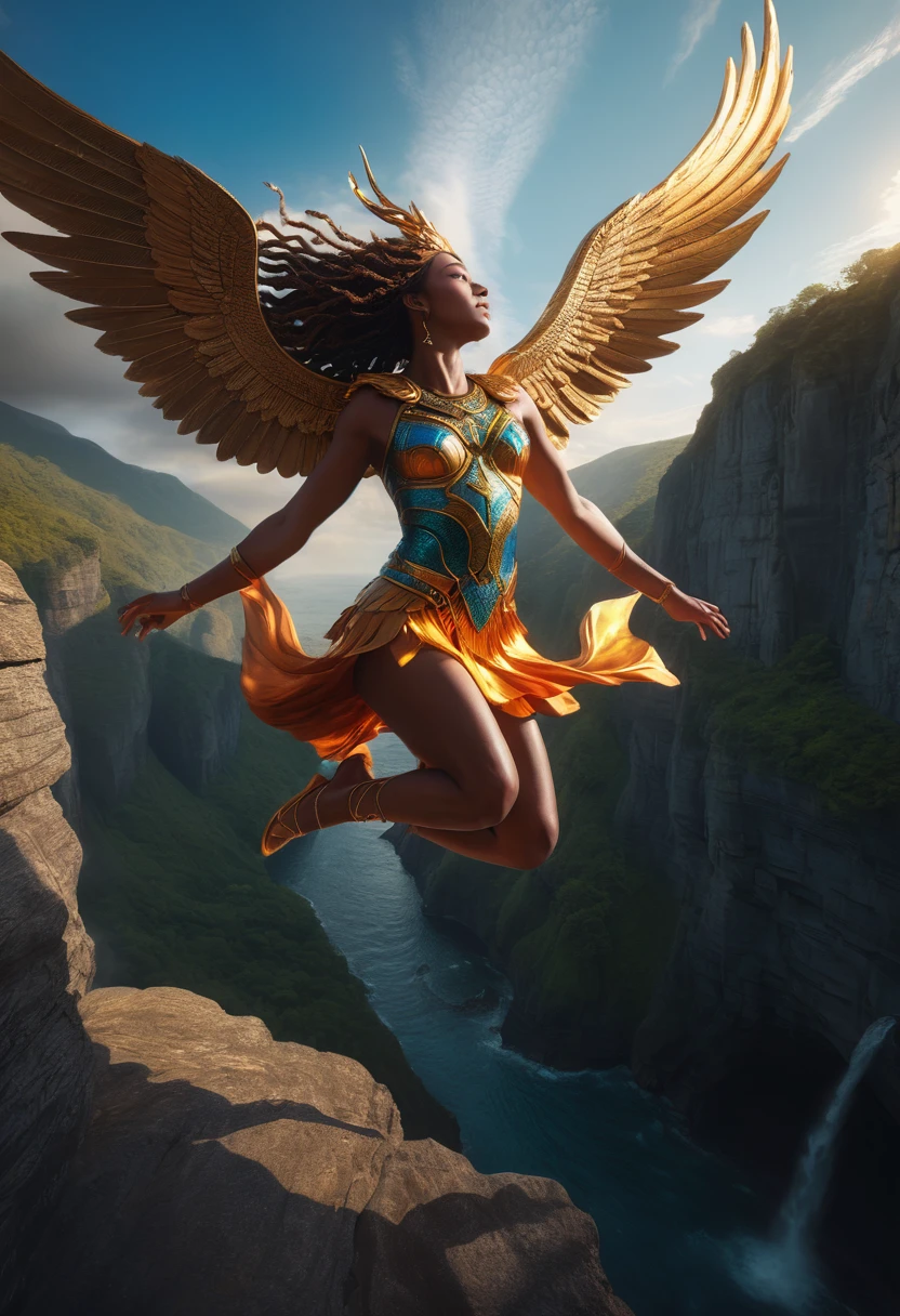 A winged goddess leaping from a cliff, ultra-detailed, 8k, highres, (best quality:1.2), (realistic:1.37), dramatic lighting, cinematic composition, dramatic angle, intricate details, fantasy, surreal, ethereal, dramatic colors, vibrant colors, chiaroscuro lighting