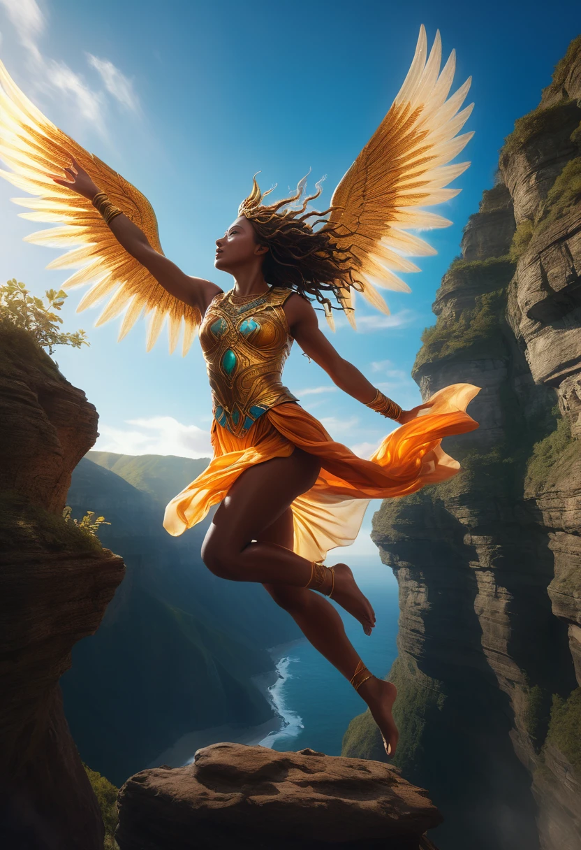 A winged goddess leaping from a cliff, ultra-detailed, 8k, highres, (best quality:1.2), (realistic:1.37), dramatic lighting, cinematic composition, dramatic angle, intricate details, fantasy, surreal, ethereal, dramatic colors, vibrant colors, chiaroscuro lighting