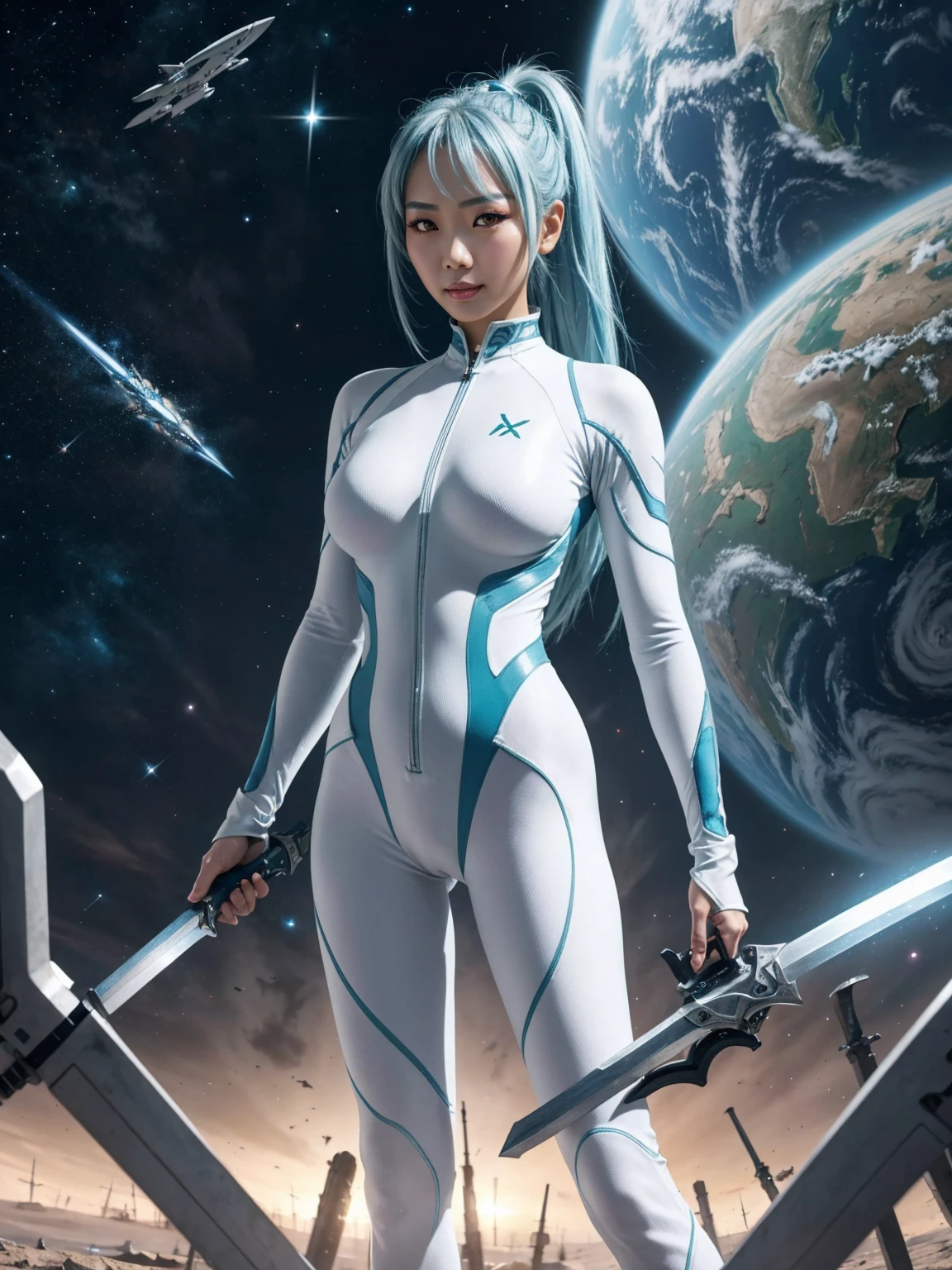 4K,hight resolution,One Asian Woman, light blue hair,poneyTail.Green eyes,Colossal ,White Cybersuit,Bodysuits, (holding Longsword), spaceship at the background in the space,Axe