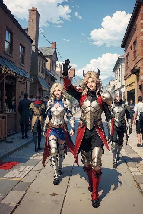 1 muscular male and 1 beautifull girl long blonde messy hair, wearing full black and red knight armor, fully armored, waving to ...