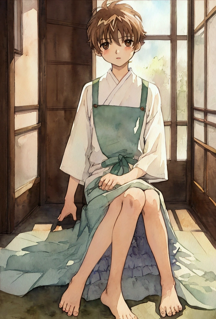 masterpiece, best quality, sketch, 1boy, solo, bare feet,looking at viewer, , depth of field, (watercolor illustration, soft pastel colors:1.1), syaoran_tsubasa_chronicle, brown hair, brown eyes, mackintosh, 