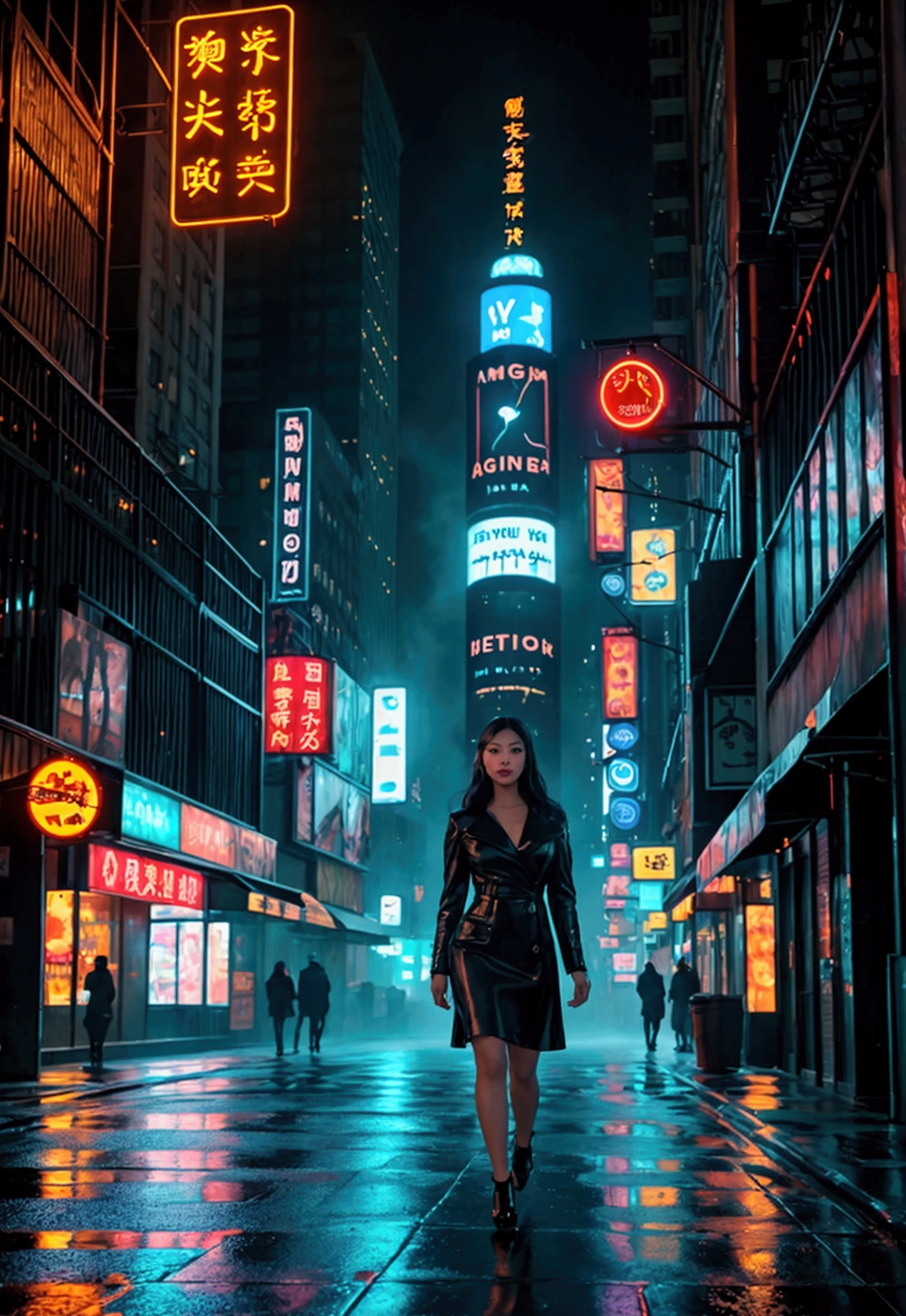 una hermosa mujer asiática caminando de noche en la ciudad de nueva york, rasgos faciales detallados, hermosos ojos detallados, hermosos labios detallados, ojos y rostro extremadamente detallados, Pestañas largas, Realista, photoRealista, photo-Realista:1.37, mejor calidad, 8K, alta resolución, obra maestra:1.2, ultra detallado, hyper-Realista, iluminación cinematográfica, Iluminación atmosférica cambiante, detalles intrincados, sombras dramáticas, Colores vibrantes, composición cinematográfica, tiro de establecimiento, Gran angular, calle de noche, Edificios altos, señales de neón, faros, reflexiones sobre pavimento mojado, niebla atmosférica, Paisaje urbano