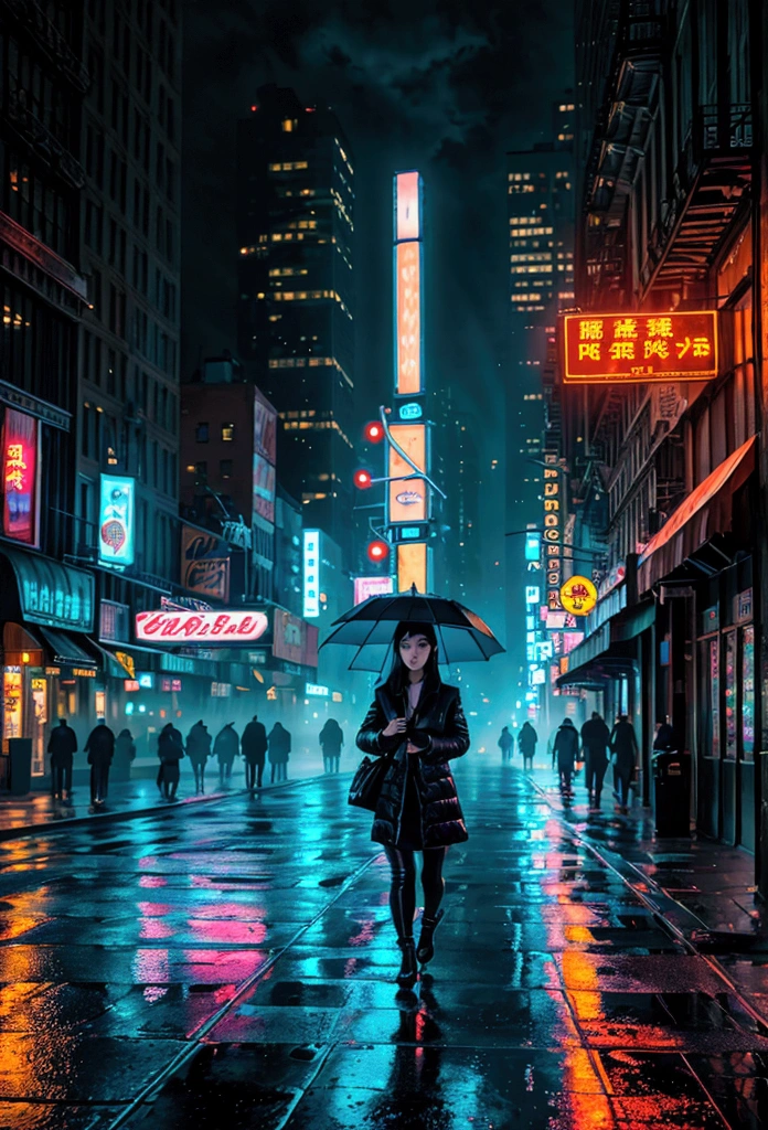 una hermosa mujer asiática caminando de noche en la ciudad de nueva york, rasgos faciales detallados, hermosos ojos detallados, hermosos labios detallados, ojos y rostro extremadamente detallados, Pestañas largas, Realista, photoRealista, photo-Realista:1.37, mejor calidad, 8K, alta resolución, obra maestra:1.2, ultra detallado, hyper-Realista, iluminación cinematográfica, Iluminación atmosférica cambiante, detalles intrincados, sombras dramáticas, Colores vibrantes, composición cinematográfica, tiro de establecimiento, Gran angular, calle de noche, Edificios altos, señales de neón, faros, reflexiones sobre pavimento mojado, niebla atmosférica, Paisaje urbano