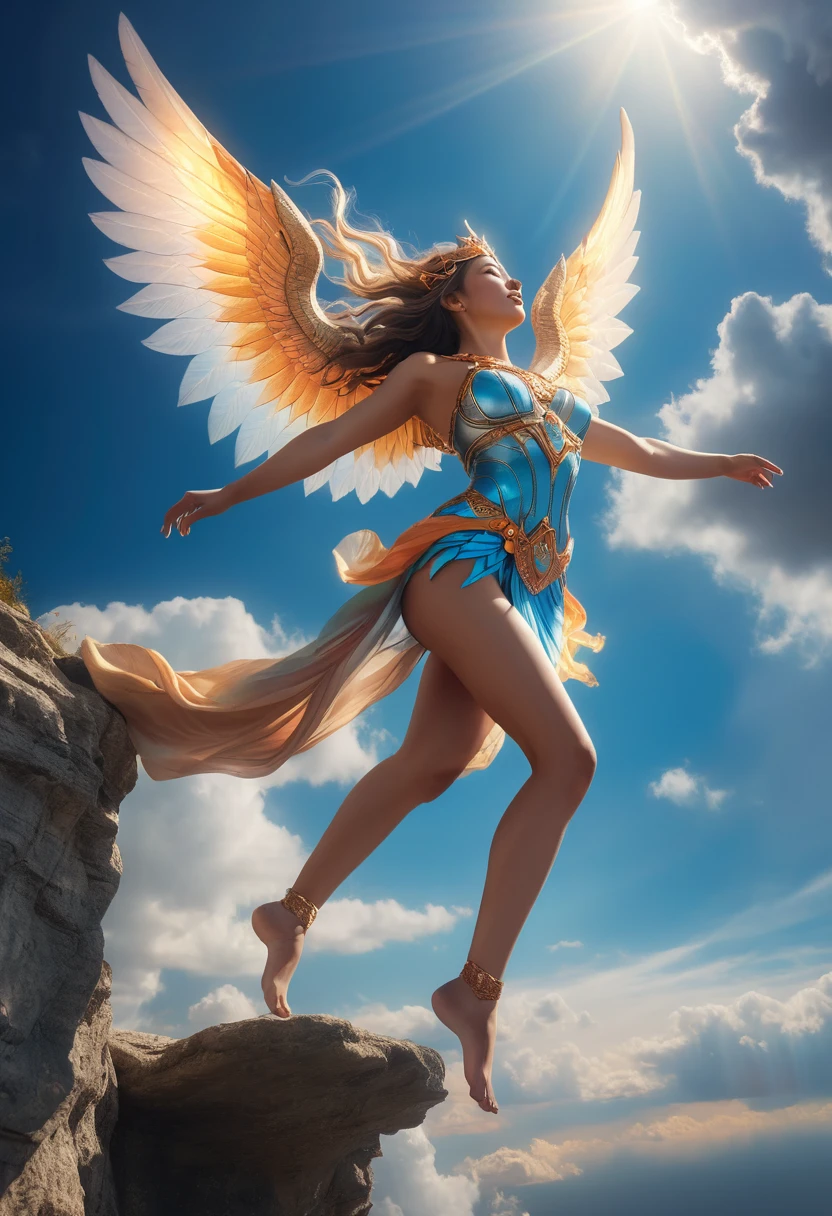 Winged goddess taking off from a cliff, low angle shot, detailed soles of goddess' feet, detailed thighs of goddess, beautiful sky and clouds in the background, ultra detailed, 8k, high resolution, (best quality: 1.2), (realistic: 1.37), dramatic lighting, cinematic composition, dramatic angles, exquisite details, fantasy, surreal, ethereal, dramatic colors, vibrant colors, chiaroscuro lighting