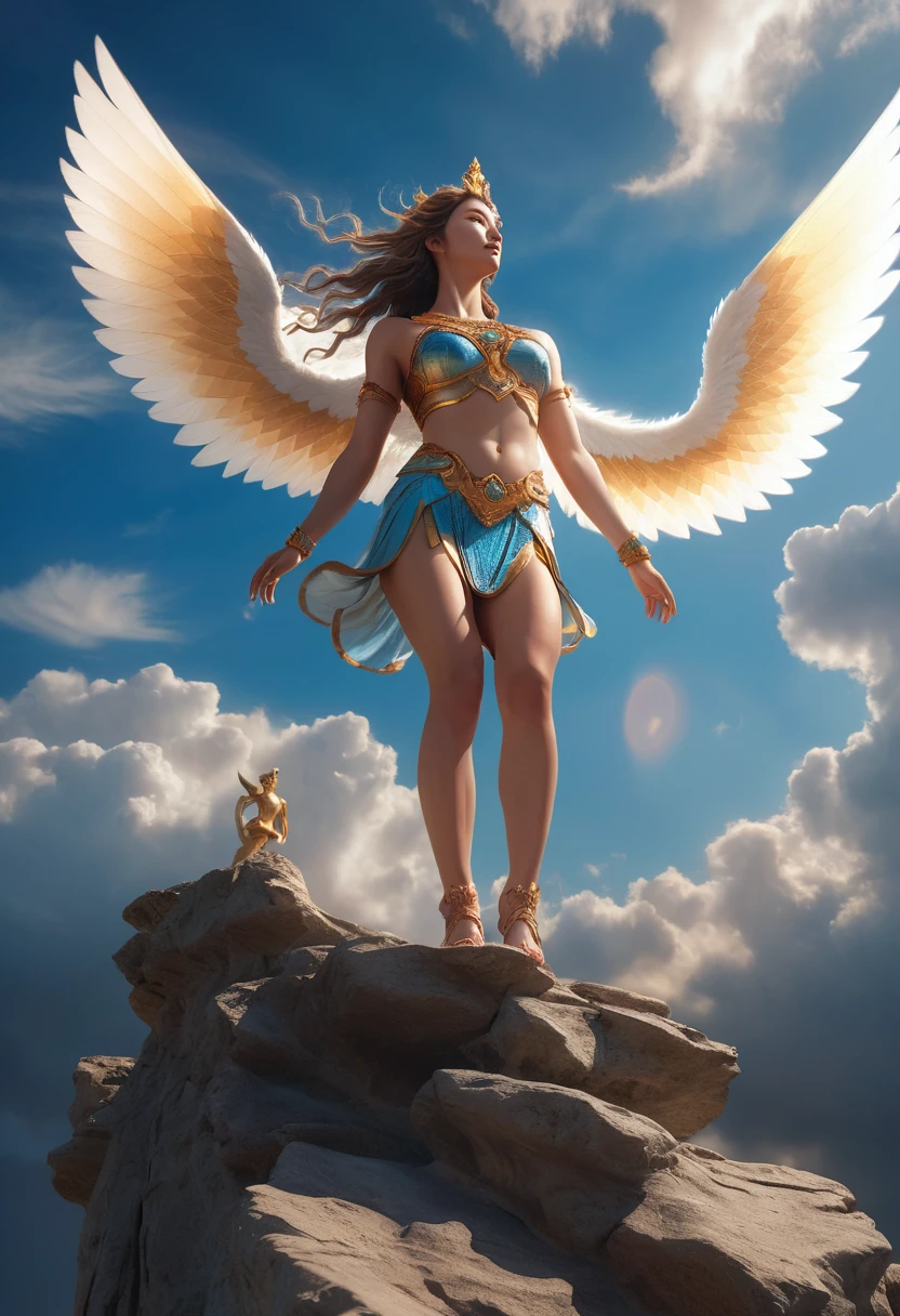 Winged goddess taking off from a cliff, low angle shot, detailed soles of goddess' feet, detailed thighs of goddess, beautiful sky and clouds in the background, ultra detailed, 8k, high resolution, (best quality: 1.2), (realistic: 1.37), dramatic lighting, cinematic composition, dramatic angles, exquisite details, fantasy, surreal, ethereal, dramatic colors, vibrant colors, chiaroscuro lighting