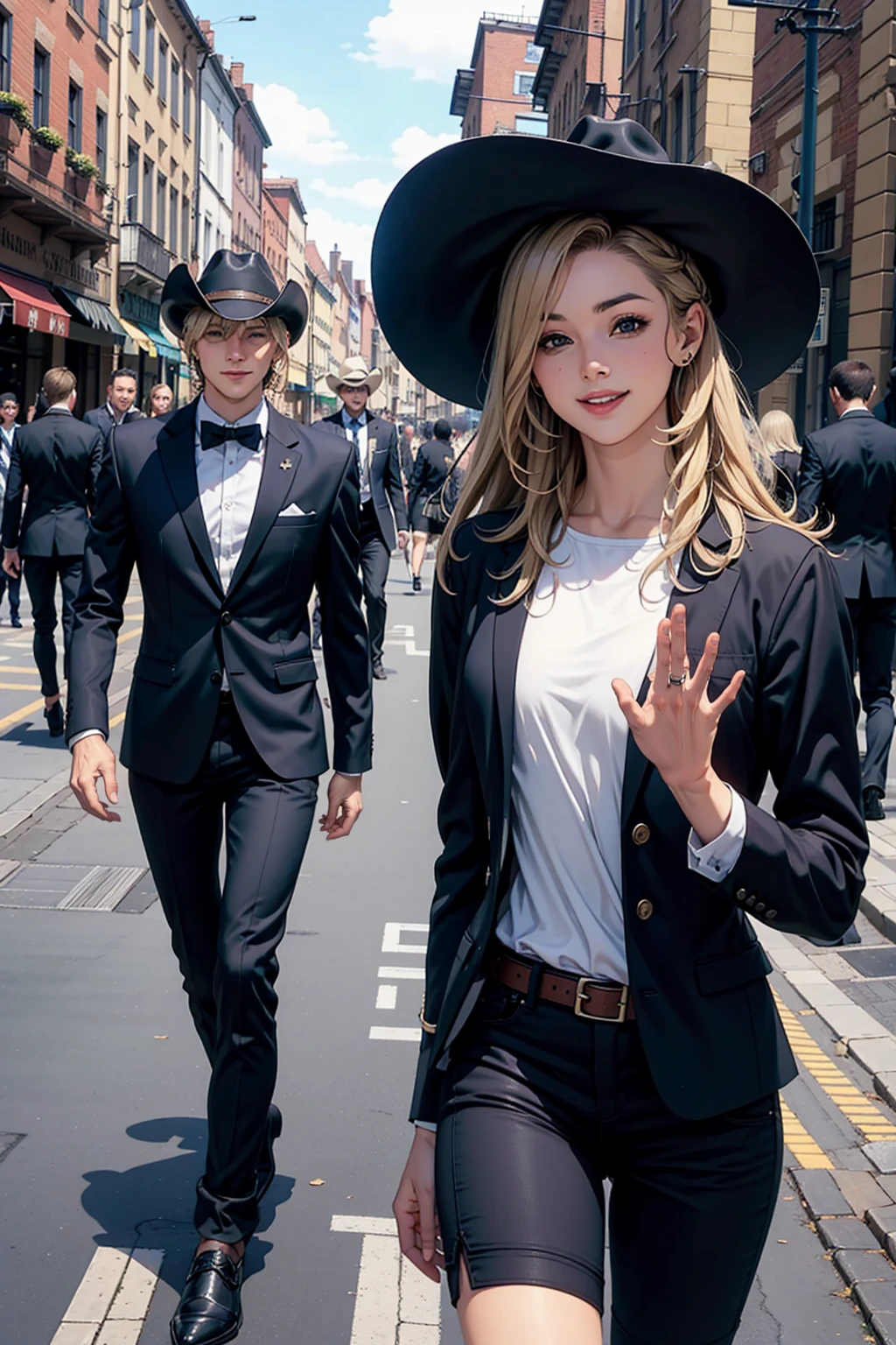 1 hombre musculoso y 1 chica hermosa con el pelo largo y rubio desordenado, sombrero de vaquero, con traje negro completo((vaqueros)), saludando a la gente, caminando juntos por la ciudad llena de gente, sonriente,  