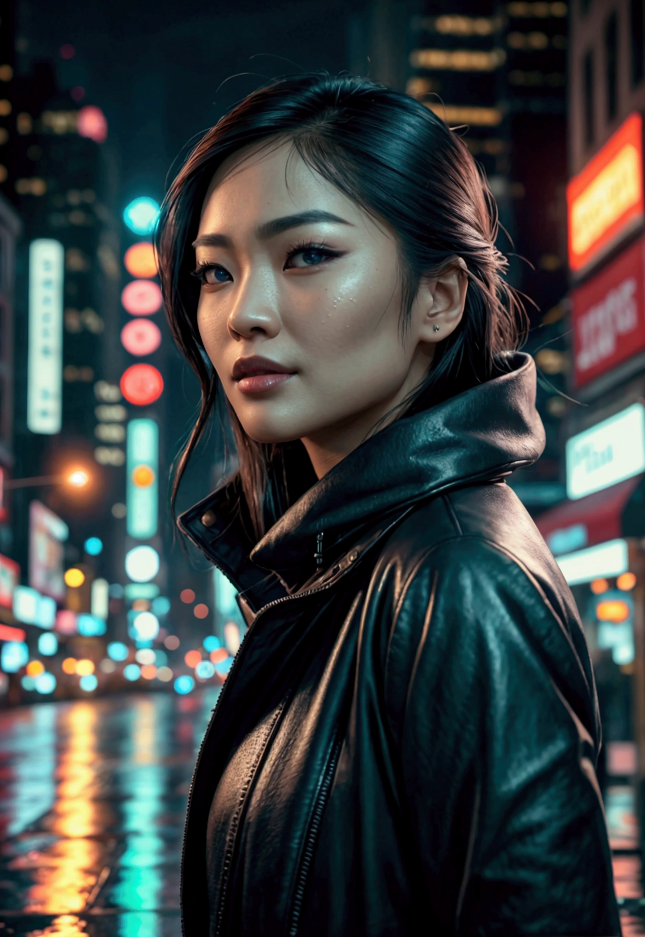 a beautiful asian woman walking at night in new york city, detailed facial features, beautiful detailed eyes, beautiful detailed lips, extremely detailed eyes and face, long eyelashes, realistic, photorealistic, photo-realistic:1.37, best quality, 8k, highres, masterpiece:1.2, ultra-detailed, hyper-realistic, cinematic lighting, moody atmospheric lighting, intricate details, dramatic shadows, vibrant colors, cinematic composition,realistic, photorealistic, 8k, best quality, masterpiece, ultra-detailed, vivid colors, studio lighting, physically-based rendering, professional, plan eloignéé, the camera view is looking up, ultra detailed background, ultra detailed face, elle fond dans le decors, real asian, , Realistic Skin Texture, Texture, Detailed Eyes, texture, eyes detailled, Detail, Highly Detailed, Sharp Focus, Detailed Skin , establishing shot, wide angle, street at night, tall buildings, neon signs, headlights, reflections on wet pavement, atmospheric fog, urban landscape