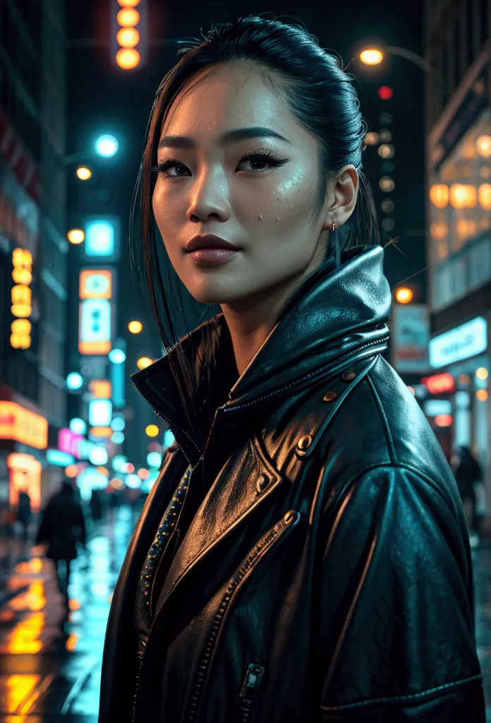 a beautiful asian woman walking at night in new york city, detailed facial features, beautiful detailed eyes, beautiful detailed...